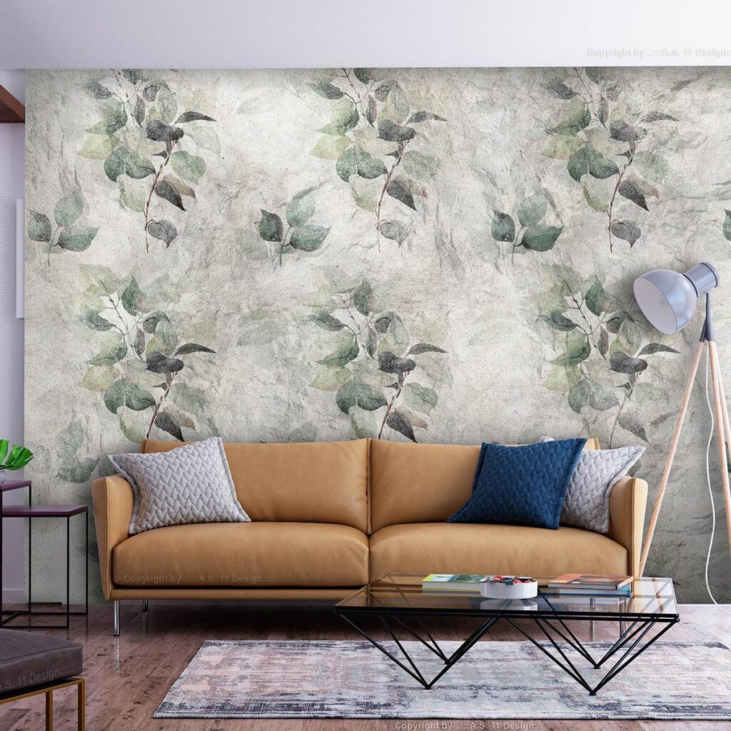 Fotobehang - Statue of nature - plant motif with green leaves with grey patterns - Afbeelding 2