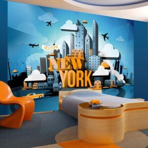 Fotobehang - Street Art - Yellow New York Text with Skyscraper and Car Motif