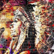 Fotobehang - Street art - colourful graffiti with profile of a woman on a brick background
