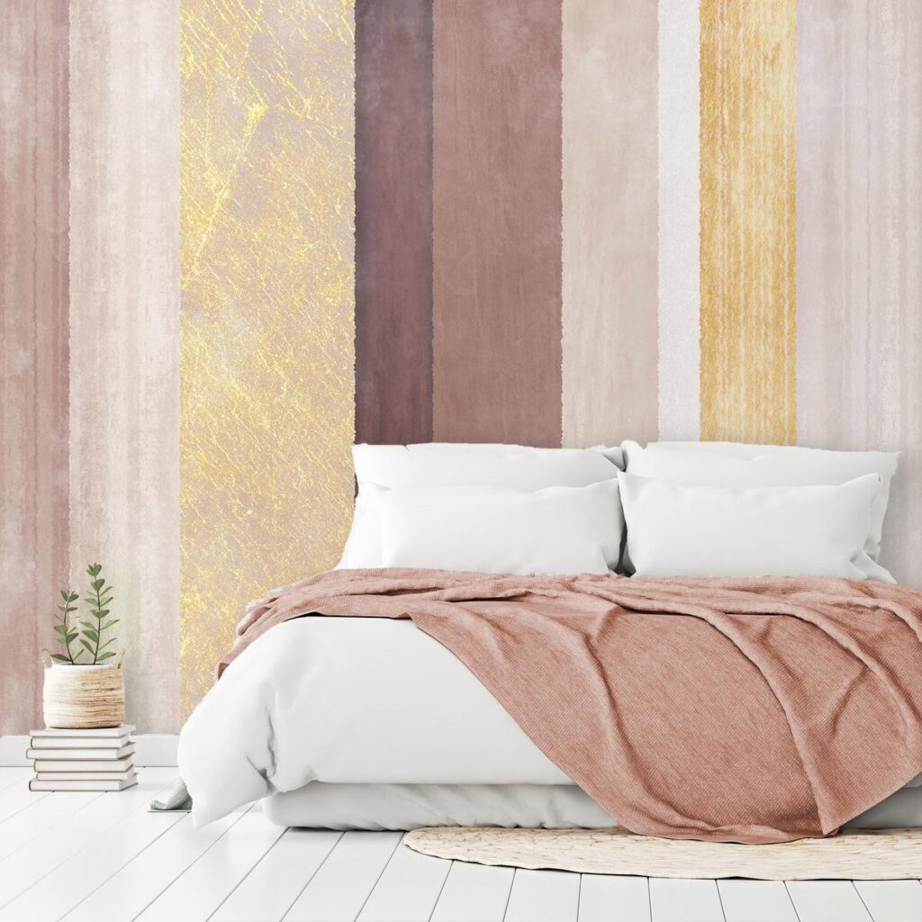 Fotobehang - Striped pattern - abstract background in stripes of different colours with gold pattern - Afbeelding 2