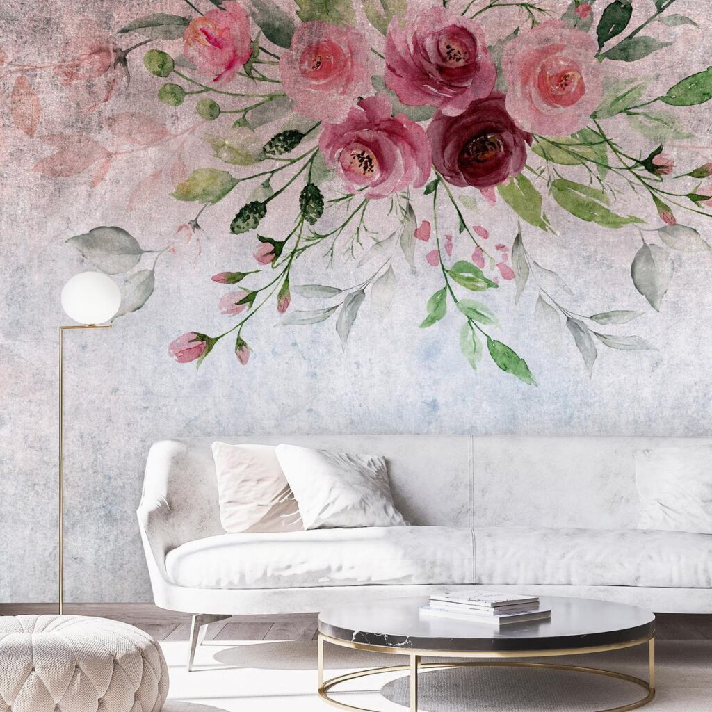 Fotobehang - Summer bloom - plant motif with flowers and leaves in pink tones