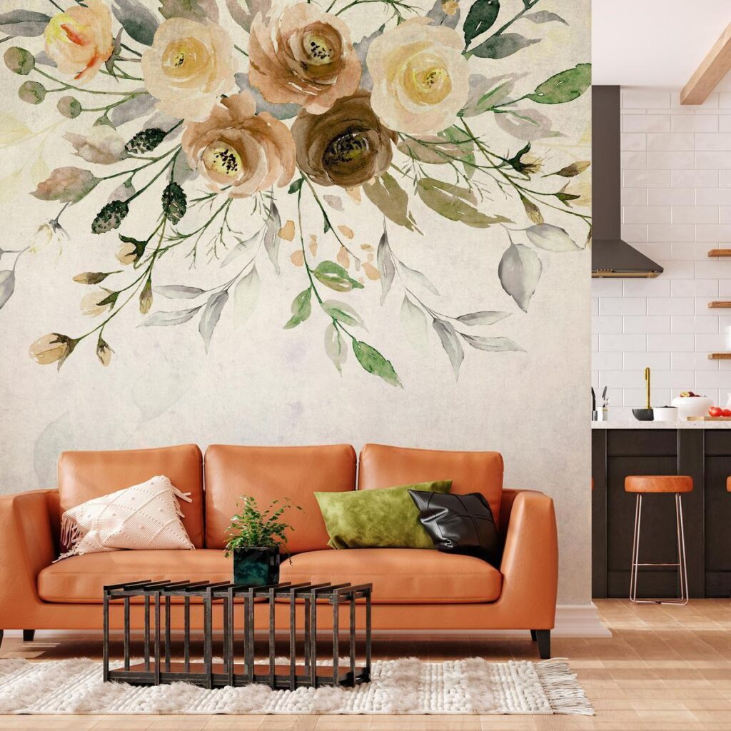 Fotobehang - Summer bloom - retro floral motif with flowers and leaves with patterns