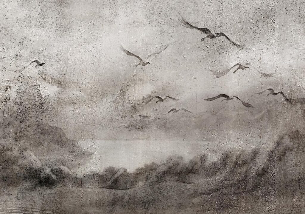 Fotobehang - Swan flight - abstract landscape of birds over a lake with texture - Afbeelding 2
