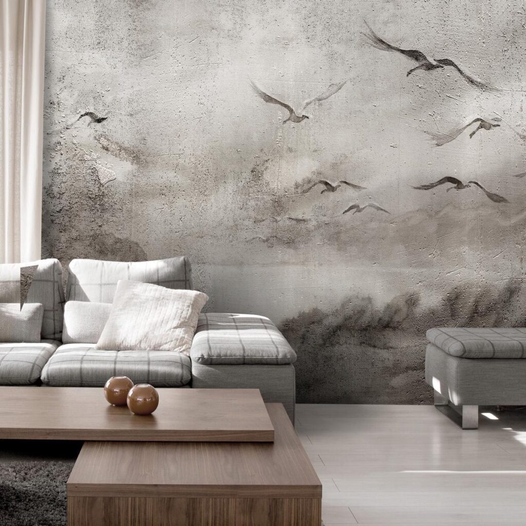 Fotobehang - Swan flight - abstract landscape of birds over a lake with texture