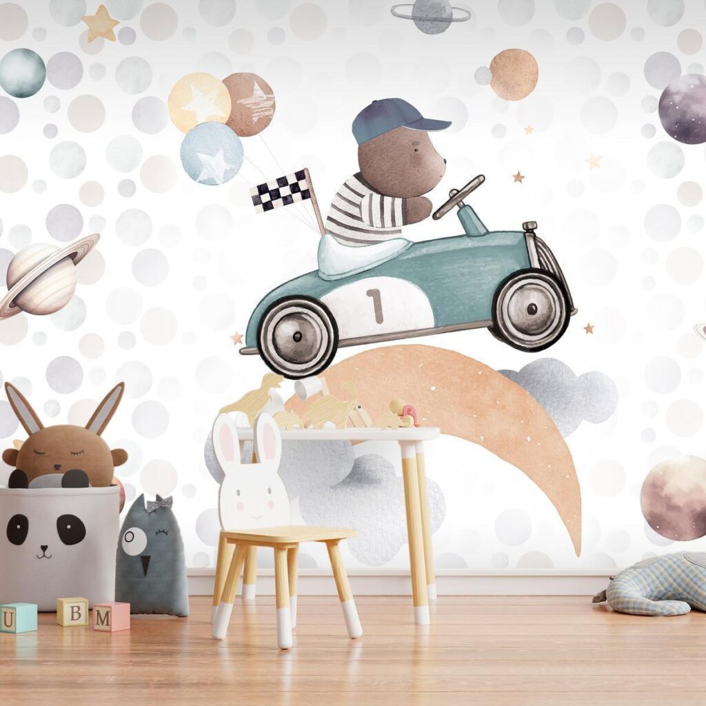 Fotobehang - Teddy Bear in a Racing Car - Afbeelding 2