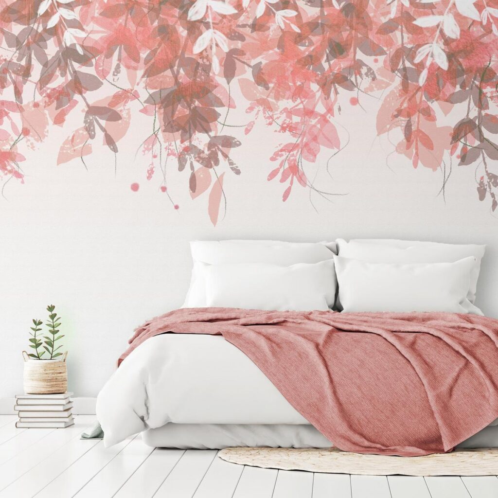 Fotobehang - Under vegetation - hanging vines of pink leaves on a neutral background