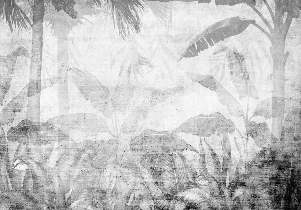 Fotobehang - Vanishing jungle - landscape of exotic trees and leaves in grey tones - Afbeelding 2