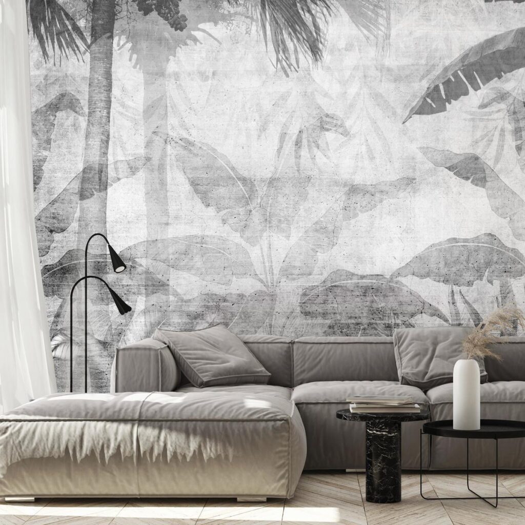 Fotobehang - Vanishing jungle - landscape of exotic trees and leaves in grey tones
