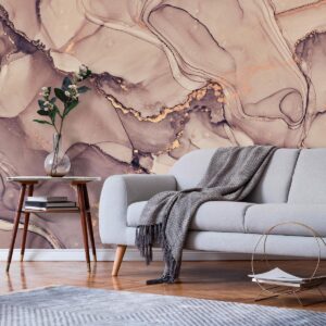 Fotobehang - Watercolour Abstraction - Powder Pink Marble With Gold Accents