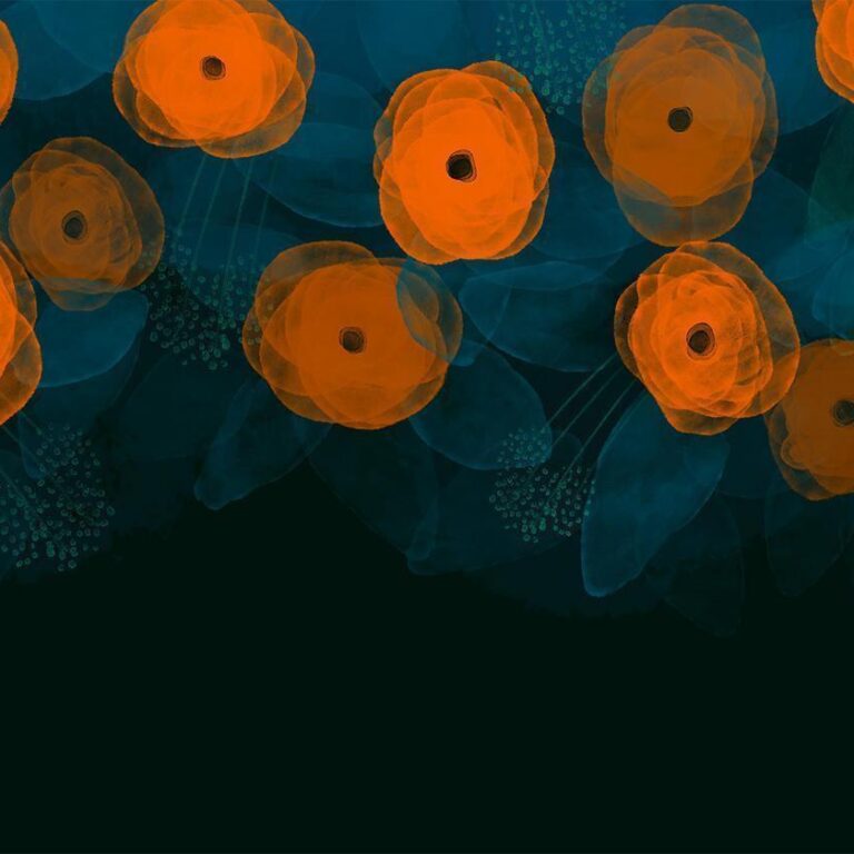 Fotobehang - Watercolour composition - orange patterns on a delicate leaf background