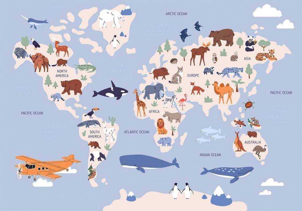 Fotobehang - World Map With Animal Illustrations - Afbeelding 2