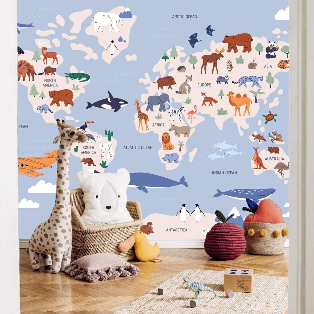 Fotobehang - World Map With Animal Illustrations