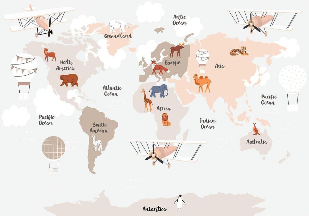 Fotobehang - World Map in Beige Tones for Children's Room - Afbeelding 2