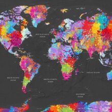 Fotobehang - World map - coloured continents with names in English on a grey background