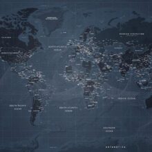 Fotobehang - World map in blue - continents with inscriptions in English