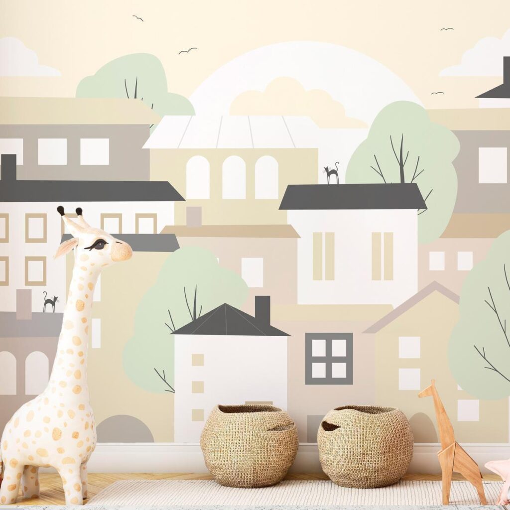 Fotobehang - Yellow town - city suburb with trees and cats for children - Afbeelding 2