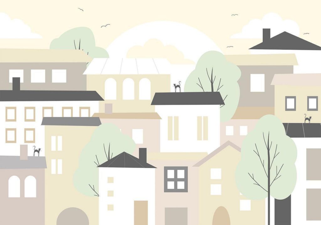 Fotobehang - Yellow town - city suburb with trees and cats for children