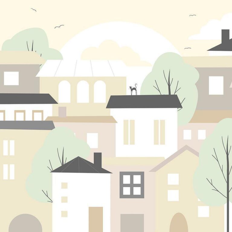 Fotobehang - Yellow town - city suburb with trees and cats for children