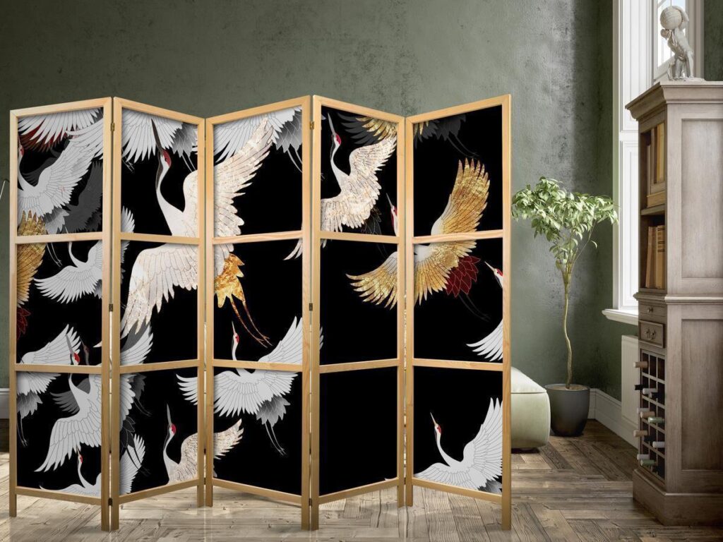 Japans kamerscherm - Cranes at Night - Golden-White Birds Flying Away on a Black Background