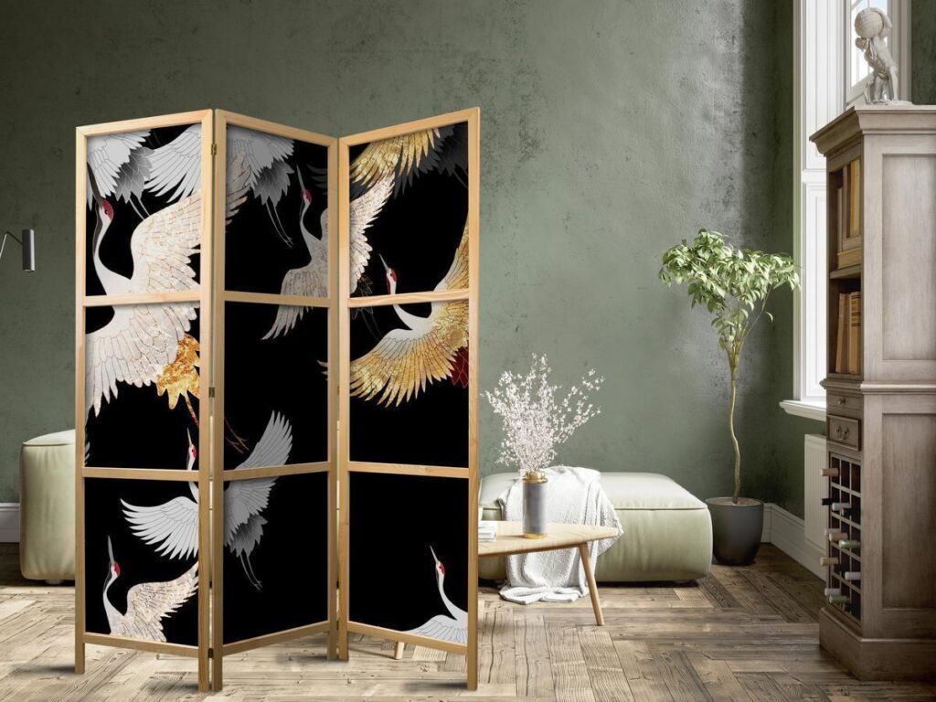 Japans kamerscherm - Cranes at Night - White and Gold Birds Flying Away on a Black Background