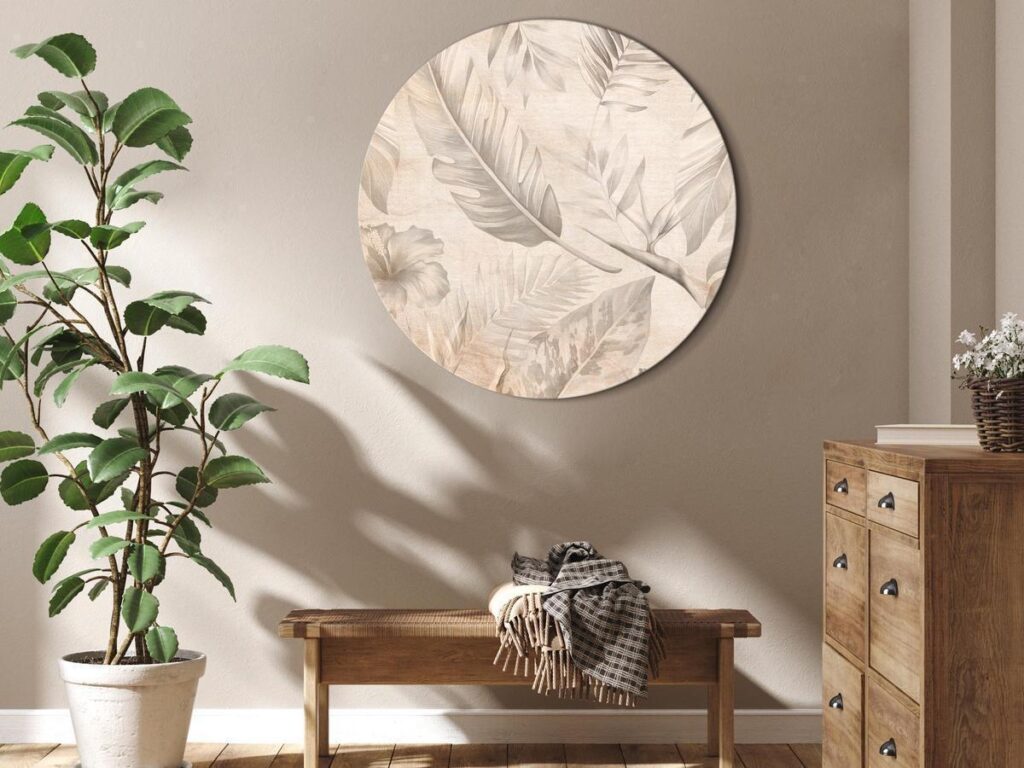 Rond schilderij - A multitude of exotic leaves and flowers - A subtle composition of tropical plant species maintained in sepia tones/Tropics in sepia - Afbeelding 2