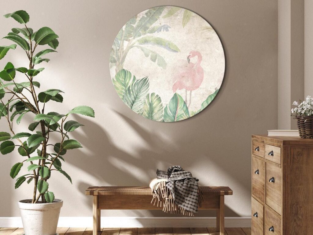 Rond schilderij - Birds wading among exotic flora - Flamingos amidst lush tropical vegetation in soft pastel shades of green/Birds in the jungle - Afbeelding 2