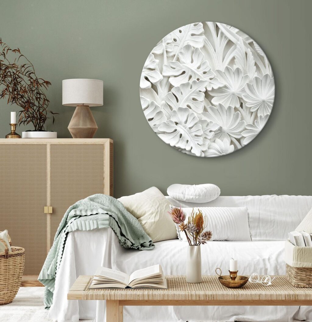 Rond schilderij - Carved Nature - Pattern With White Leaves Made of Stone - Afbeelding 2