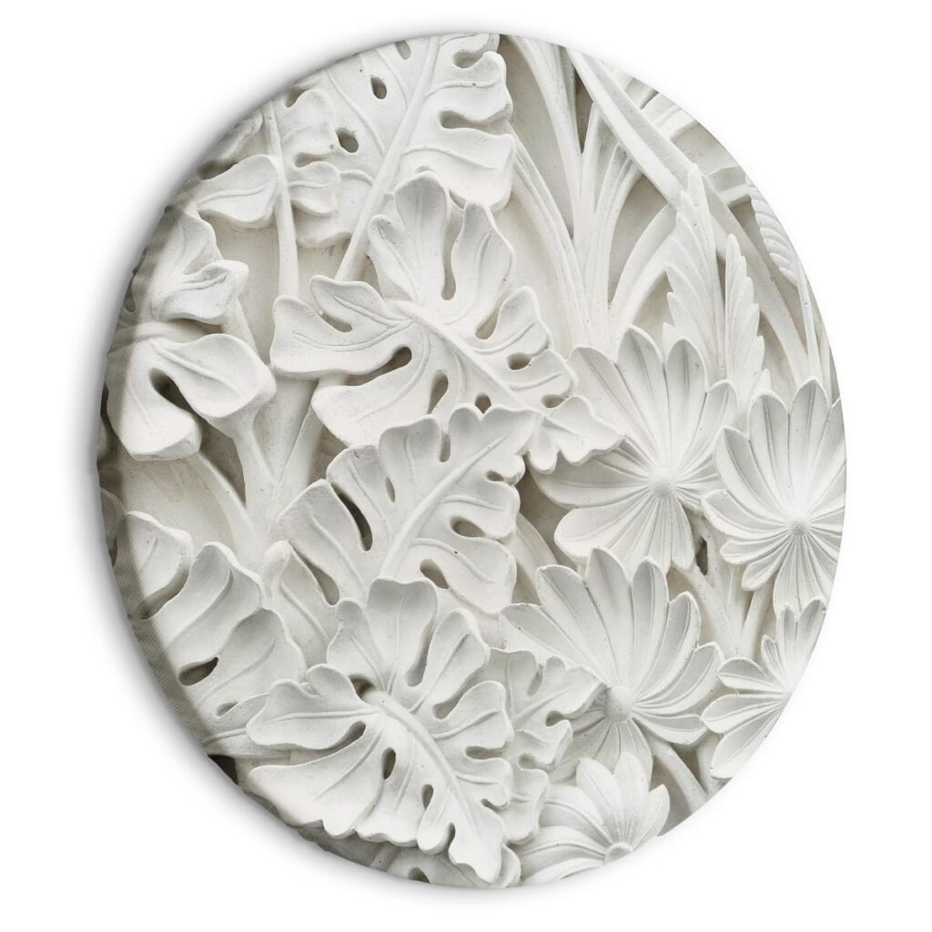 Rond schilderij - Carved Nature - Pattern With White Leaves Made of Stone