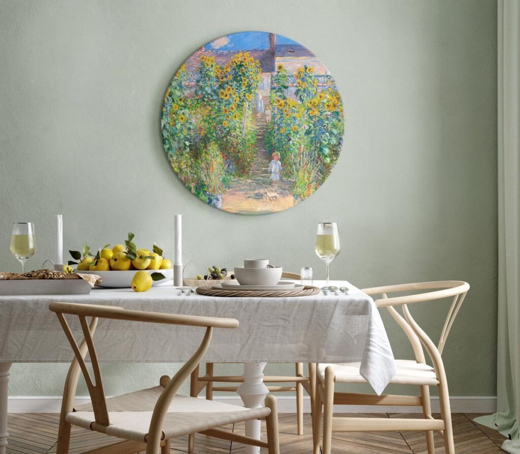 Rond schilderij - Claude Monet’s Garden at Vétheuil - Farmhouse With Sunflowers