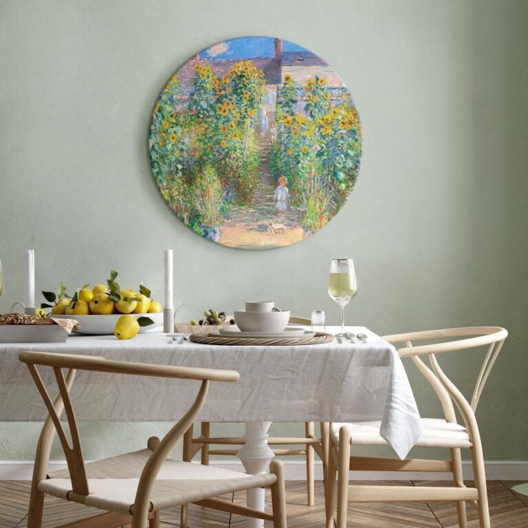 Rond schilderij - Claude Monet’s Garden at Vétheuil - Farmhouse With Sunflowers