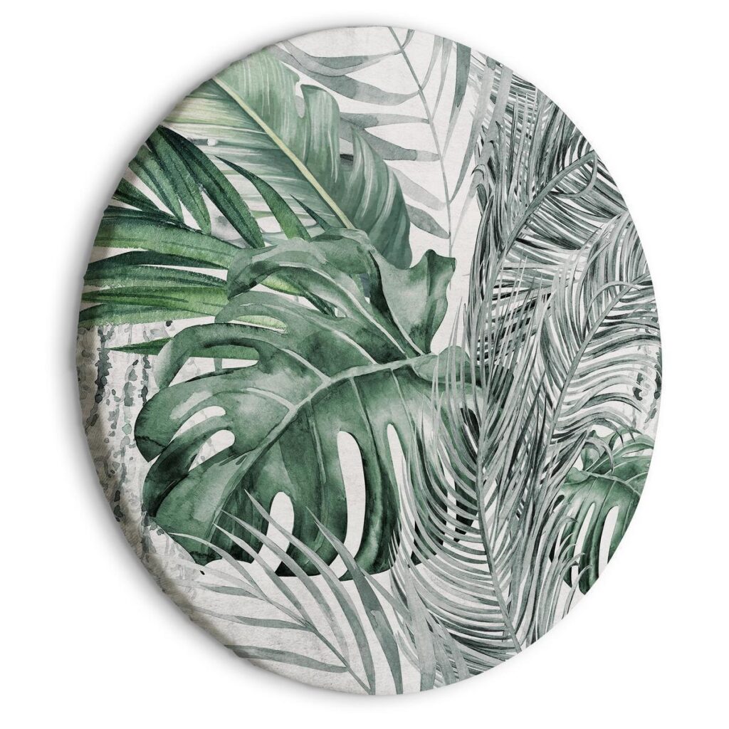 Rond schilderij - Exotic flora - A variety of tropical vegetation in shades of celadon and sage green/Dense jungle - Afbeelding 2