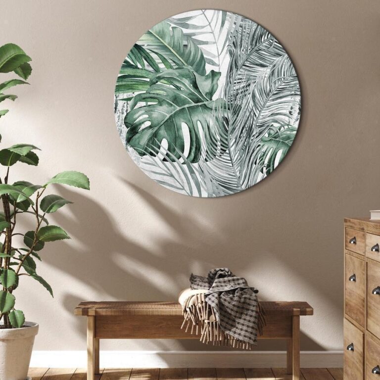 Rond schilderij - Exotic flora - A variety of tropical vegetation in shades of celadon and sage green/Dense jungle