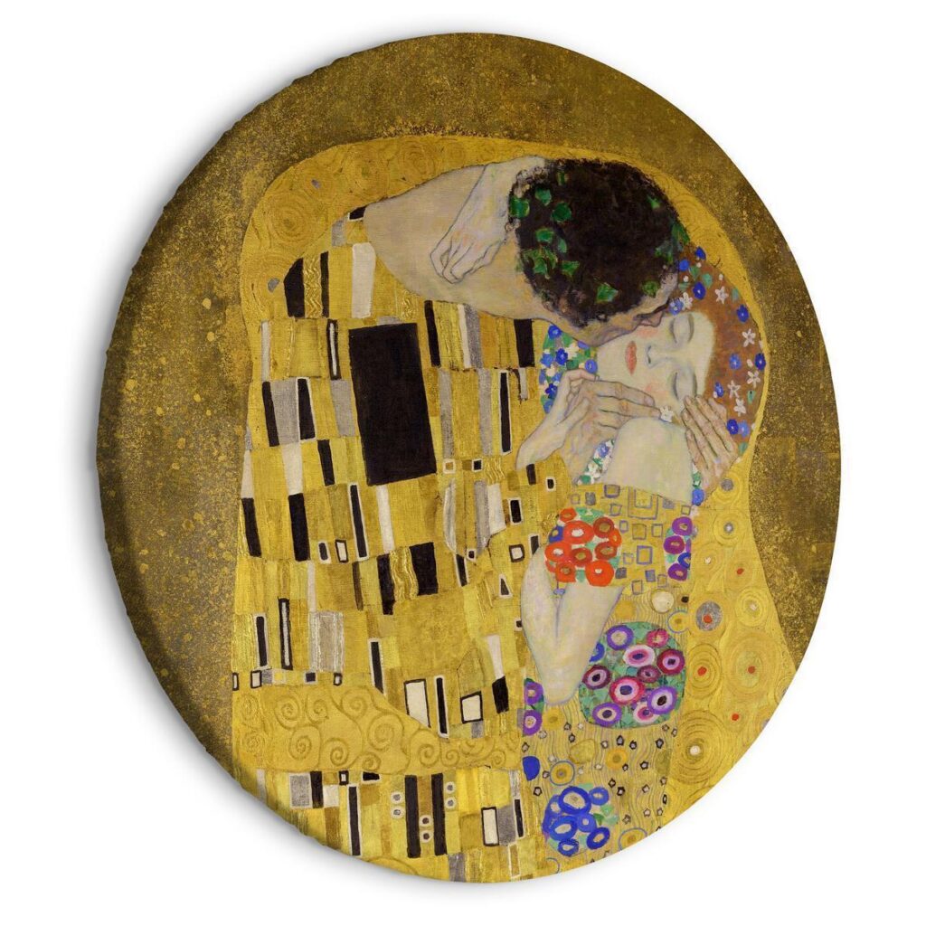 Rond schilderij - Kiss - Gustav Klimt - A Couple in Love in a Passionate Embrace - Afbeelding 2
