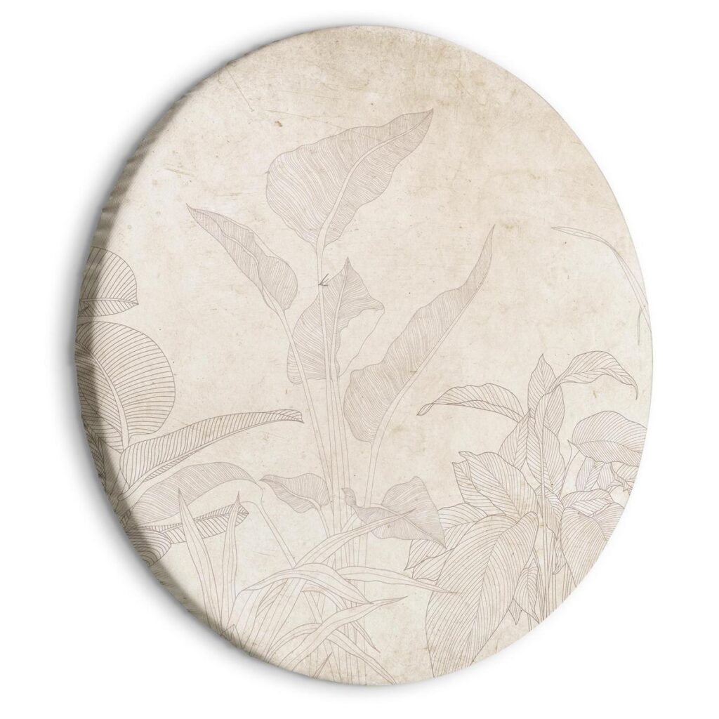 Rond schilderij - Muted exotic greenery - Delicate outlines of tropical shrubs on beige and sand background/Subtle exotic plants - Afbeelding 2