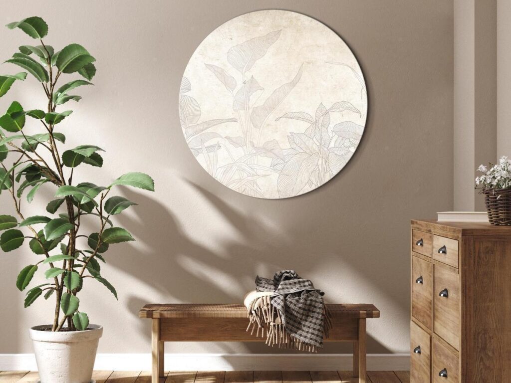 Rond schilderij - Muted exotic greenery - Delicate outlines of tropical shrubs on beige and sand background/Subtle exotic plants