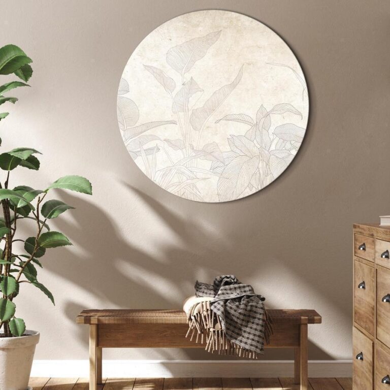 Rond schilderij - Muted exotic greenery - Delicate outlines of tropical shrubs on beige and sand background/Subtle exotic plants