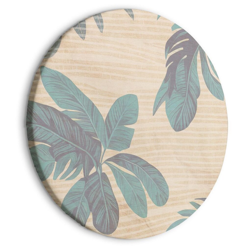 Rond schilderij - Palm trees behind the mist - Showy palm leaves in a soft shade of green on a slightly wavy sand background/Misty tropics - Afbeelding 2