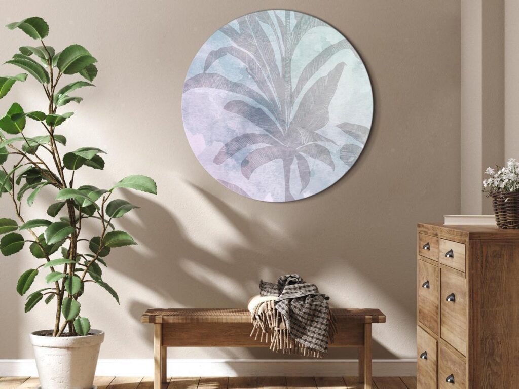 Rond schilderij - Palm trees in the fog - Palm trees among pastel clouds in purple and celadon tones/Misty tropics - Afbeelding 2