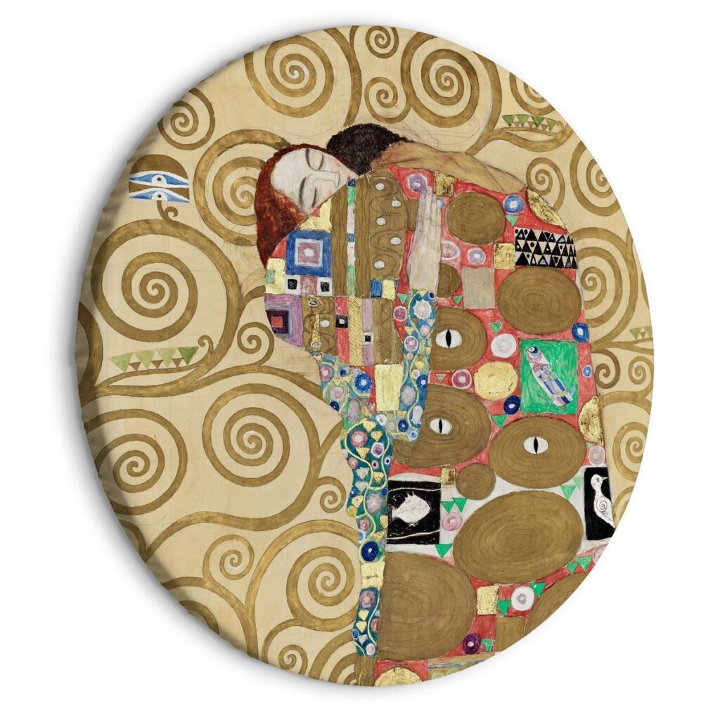 Rond schilderij - The Fulfillment of Gustav Klimt - An Abstract Portrait of a Couple in an Embrace - Afbeelding 2