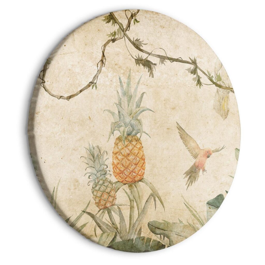 Rond schilderij - Tropics in muted colors - Parrots and pineapples amidst lush exotic flora in soft shades of green/Parrots in the jungle - Afbeelding 2