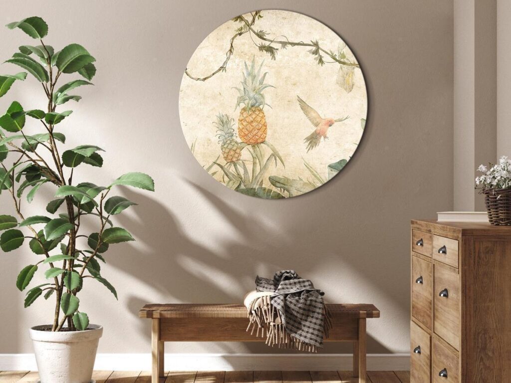 Rond schilderij - Tropics in muted colors - Parrots and pineapples amidst lush exotic flora in soft shades of green/Parrots in the jungle