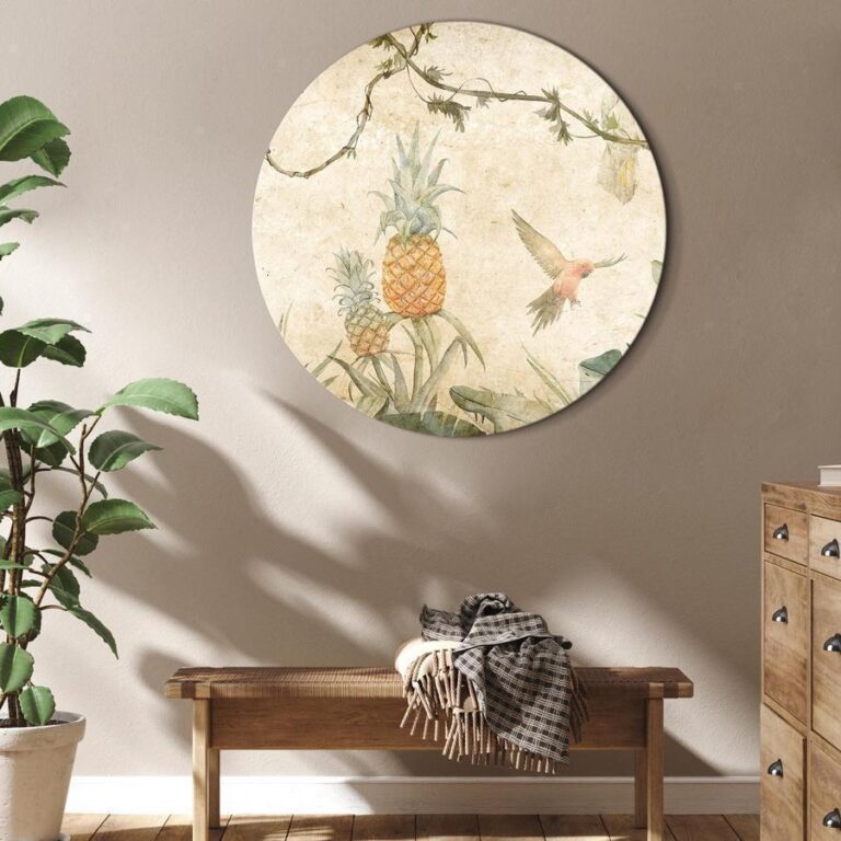 Rond schilderij - Tropics in muted colors - Parrots and pineapples amidst lush exotic flora in soft shades of green/Parrots in the jungle