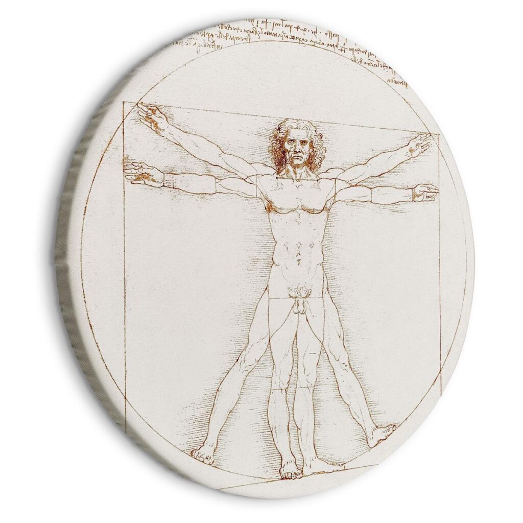 Rond schilderij - Vitruvian Man by Leonardo Da Vinci - A Drawing of the Proportions of a Man’s Body - Afbeelding 2