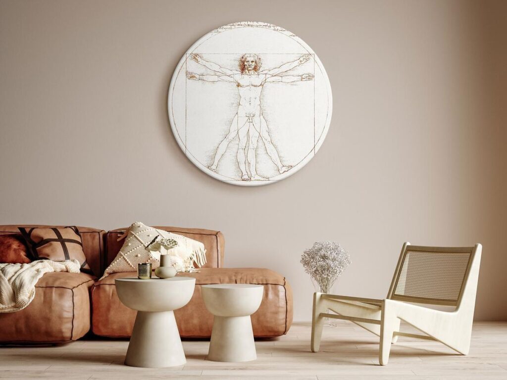 Rond schilderij - Vitruvian Man by Leonardo Da Vinci - A Drawing of the Proportions of a Man’s Body