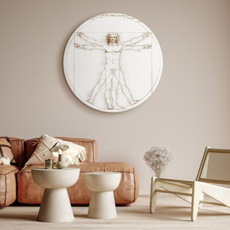 Rond schilderij - Vitruvian Man by Leonardo Da Vinci - A Drawing of the Proportions of a Man’s Body