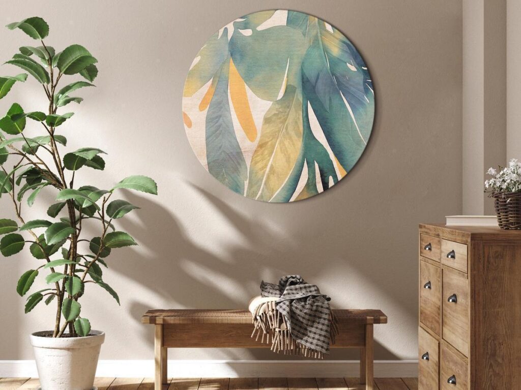 Rond schilderij - Watercolor exotics - Hanging delicate tropical plants in colors of green and yellow on a beige background/Watercolor tropics