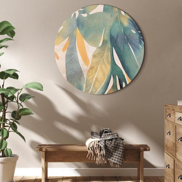 Rond schilderij - Watercolor exotics - Hanging delicate tropical plants in colors of green and yellow on a beige background/Watercolor tropics