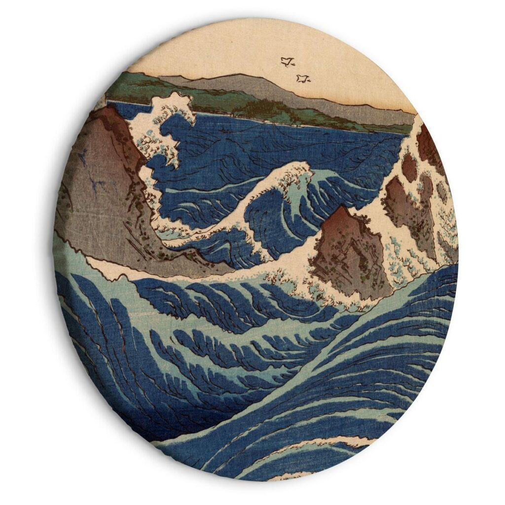 Rond schilderij - Woodcut Utagawa Hiroshige - Great Blue Wave - Afbeelding 2