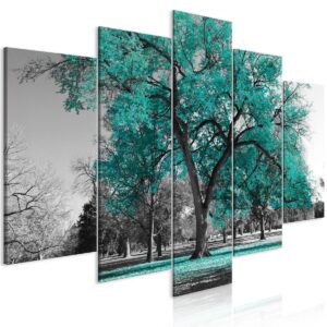 Schilderij - Autumn in the Park (5 Parts) Wide Turquoise