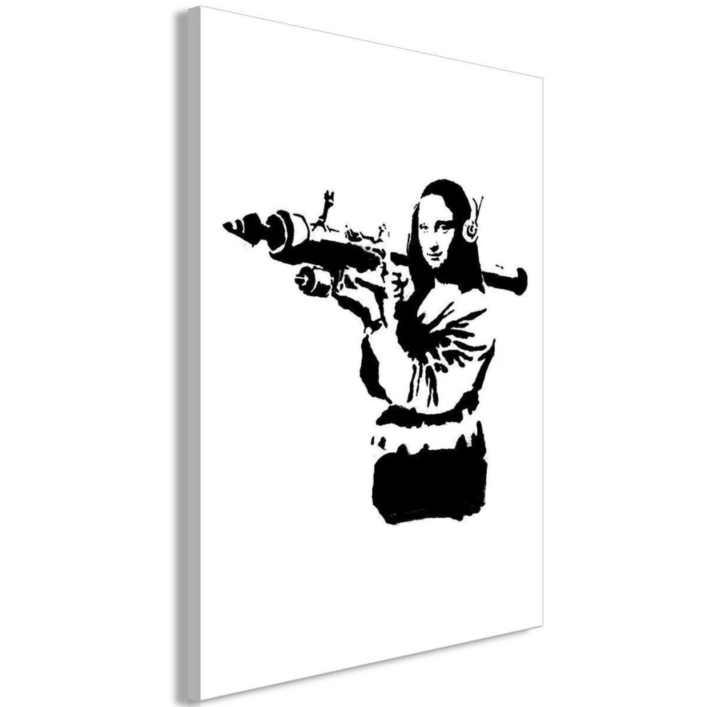 Schilderij - Banksy Mona Lisa with Rocket Launcher (1 Part) Vertical - Afbeelding 2